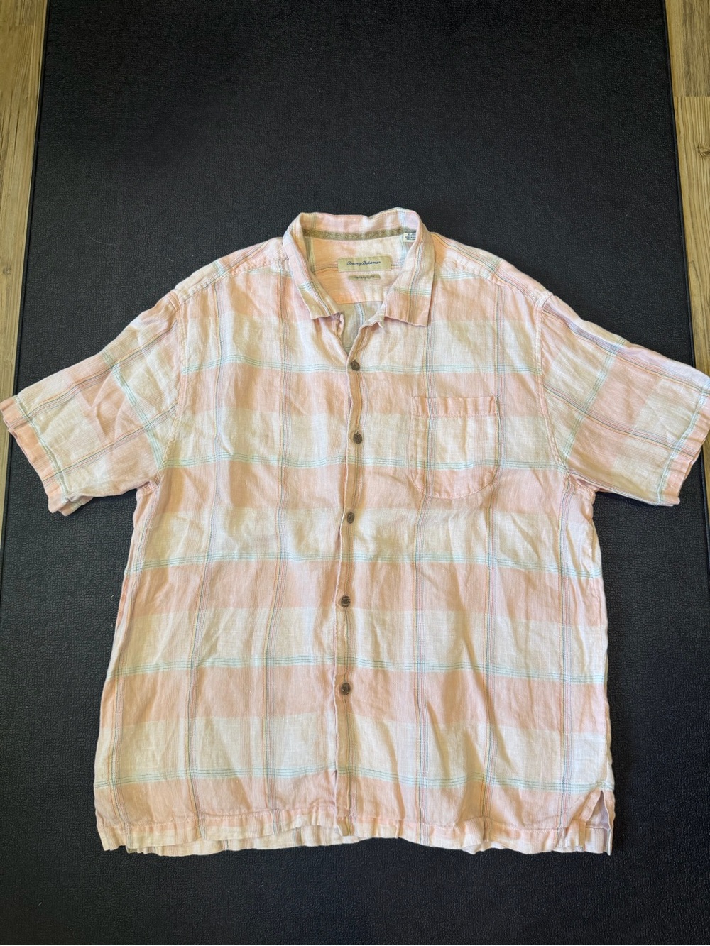 Tommy Bahama 100% Linen Pink Plaid Shirt Men's XL Beach Coastal Resort Hawaii